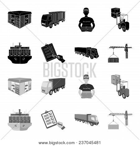 Sea Freight, Signature Of Delivery Documents, Truck, Tower Crane With A Container. Logistics And Del