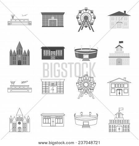 House Of Government, Stadium, Cafe, Church.building Set Collection Icons In Outline, Monochrome Styl