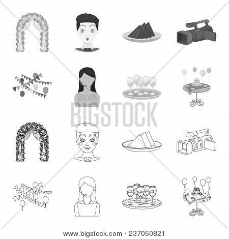 Garland With Flags And Balls, Leading Celebration With A Microphone, A Tray With Glasses With Champa