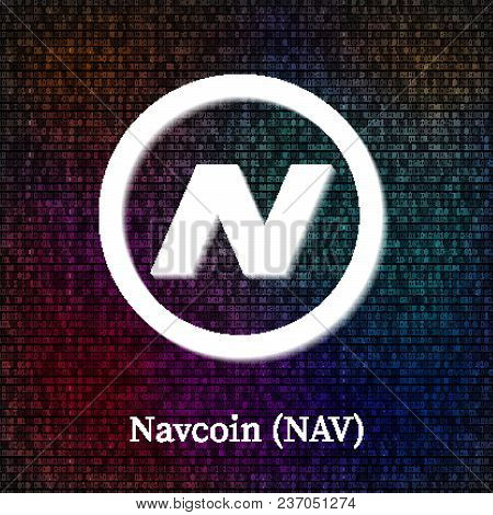 Navcoin Symbol On Dark Binary Code Background. Cryptocurrency Icon. Virtual Digital Money. Blockchai