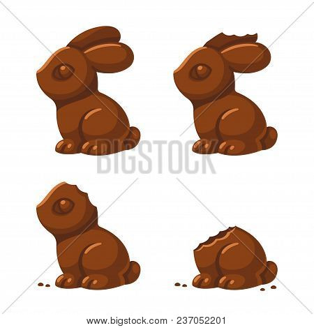 Cute Chocolate Bunny In Different Stages Of Being Eaten: With A Little Bite, Then Ear And Head Bitte