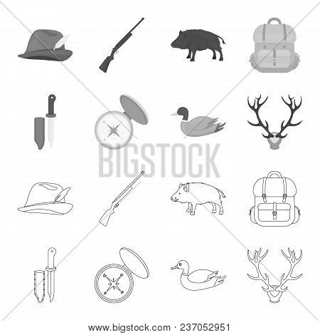 Knife With A Cover, A Duck, A Deer Horn, A Compass With A Lid.hunting Set Collection Icons In Outlin