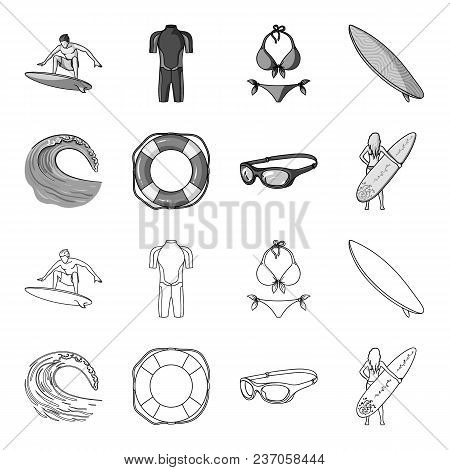 Oncoming Wave, Life Ring, Goggles, Girl Surfing. Surfing Set Collection Icons In Outline, Monochrome