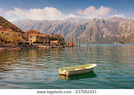 Romantic Mediterranean Landscape.  Montenegro, View Of  Bay Of Kotor ( Adriatic Sea ) With Two Small