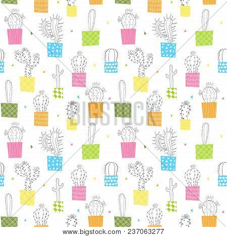 Vector Seamless Pattern With Colorful Cactus Plants In Pots With Differnet Motifs For Fabric, Textil