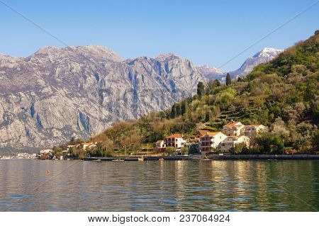 Sunny Mediterranean Landscape.  Montenegro, View Of  Bay Of Kotor ( Adriatic Sea ) And Seaside Villa