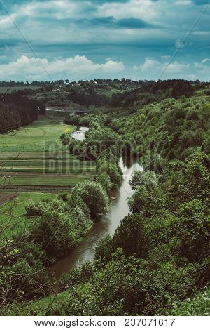 Dnister River Landscape In Ternopil Region Of Western Ukraine. Idillyc View From Above