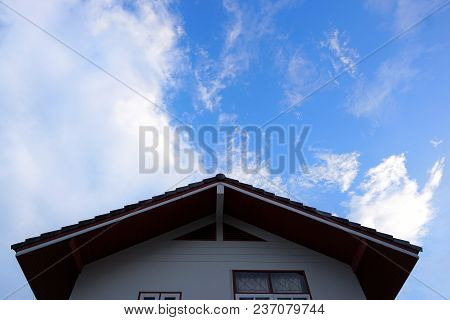 Looking Up Roof With Home On Blue Sky And Clouds, Beautiful Nature Blue Sky With Clouds, Cloudscape 