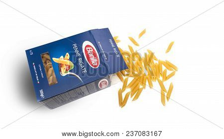Chisinau, Moldova - April 20, 2018: Barilla Penne Rigate Italian Pasta In An Opened Box Isolated On 