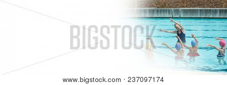 Children exercising with trainer in Swimming pool with transition