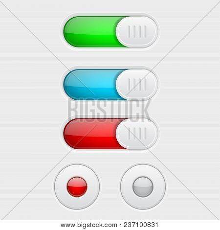 Web Buttons. Colored Set Of Toggle Switch Butttons And Radio Buttons. Vector 3d Illustration Isolate