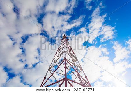 Inside View Of Telecommunication Tower With Panel Antennas And Radio Antennas And Satellite Dishes F