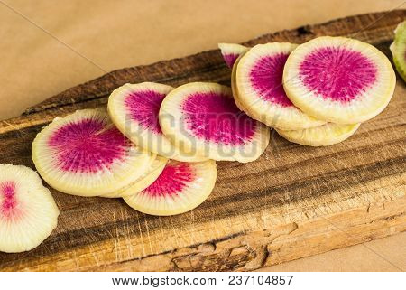 Freshly Harvested Organic Watermelon Radish On Wooden Background