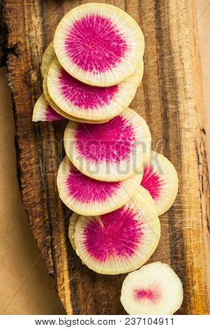 Freshly Harvested Organic Watermelon Radish On Wooden Background