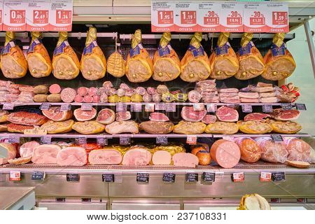 ROME, ITALY - CIRCA NOVEMBER 2017: stalls filled with meat products are seen in Conad supermarket in Rome.