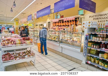 ROME, ITALY - CIRCA NOVEMBER 2017: inside Conad supermarket in Rome.