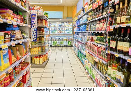 ROME, ITALY - CIRCA NOVEMBER 2017: shelves in Conad supermarket in Rome.