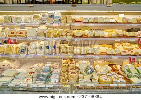ROME, ITALY - CIRCA NOVEMBER 2017: cheese on display in Conad supermarket in Rome.
