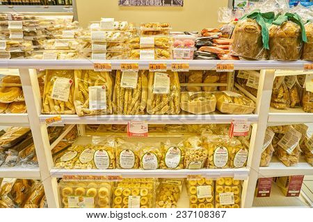 ROME, ITALY - CIRCA NOVEMBER 2017: stalls filled with food products are seen in Conad supermarket in Rome.