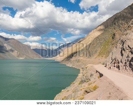 Mountains And Peaks Landscape. Lake Of Yeso. Cajon Del Maipo. Santiago Of Chile