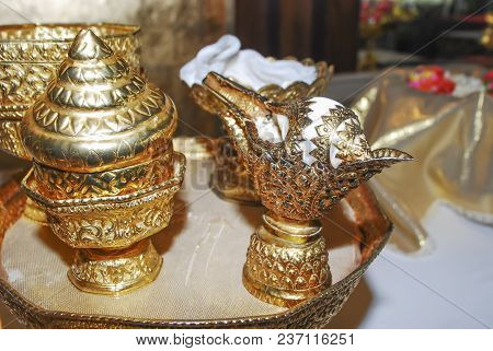 Traditional Thai Wedding Set Of Golden Tray, Ceremonial Water Pouring, Conch Shell And White Holy Th