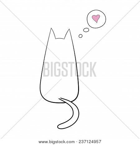 Hand Drawn Vector Illustration With Simple Outline Of A Cat From Behind With Thought Bubble Containi