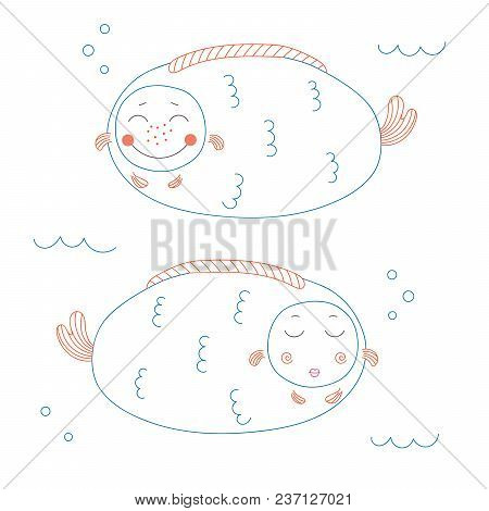 Hand Drawn Vector Illustration Of Two Roundish Funny Fat Fish With Cute Faces Swimming In The Sea. U