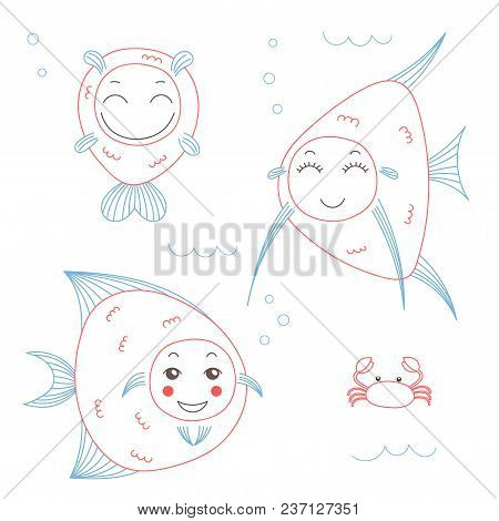 Hand Drawn Vector Illustration Of Funny Fish With Cute Faces With Different Expressions, Swimming In