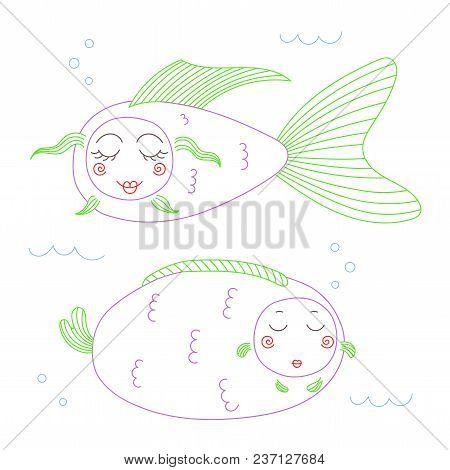 Hand Drawn Vector Illustration Of Funny Fish With Cute Faces With Different Expressions, Swimming In