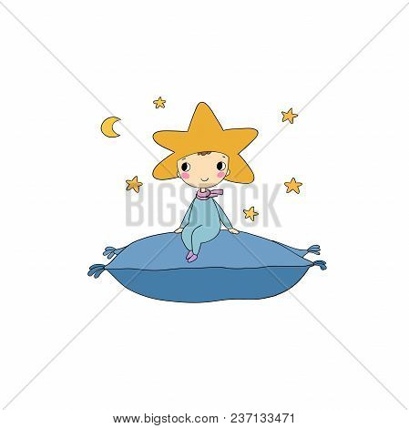 A Boy Star Sits On A Pillow. Lovely Dwarf. A Cartoon Elf.