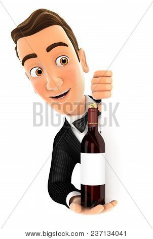 3d Waiter Behind Left Wall And Holding Red Wine Bottle, Illustration With Isolated White Background