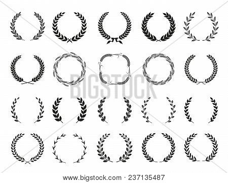Collection Of Different Black And White Silhouette Circular Laurel Foliate, Wheat And Oak Wreaths De