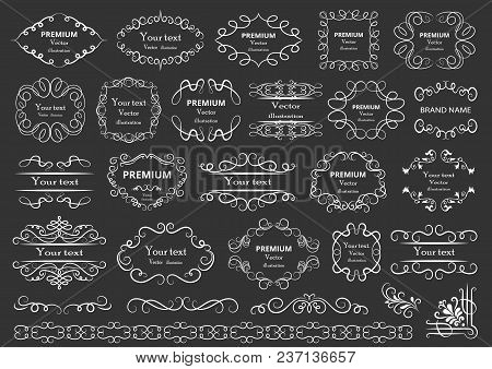 Calligraphic Design Elements . Decorative Swirls Or Scrolls, Vintage Frames , Flourishes, Labels And