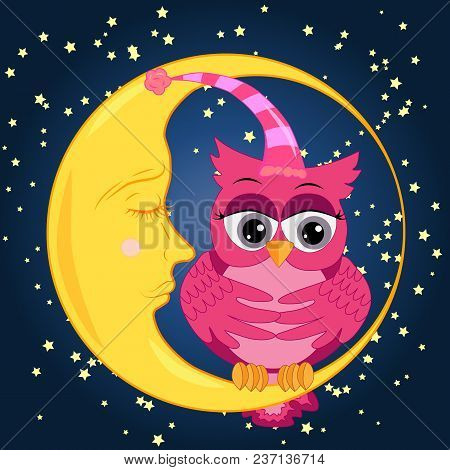A Sweet Cartoon Pink Owl In A Sleeping Cap Relaxes Sitting On A Sleeping Sickle Of The Moon Among A 