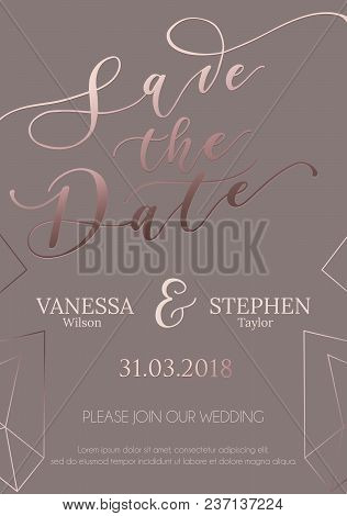 Save Our Date Wedding Invitation Design. Elegance Template For Engagement Or Wedding With Rose Gold 