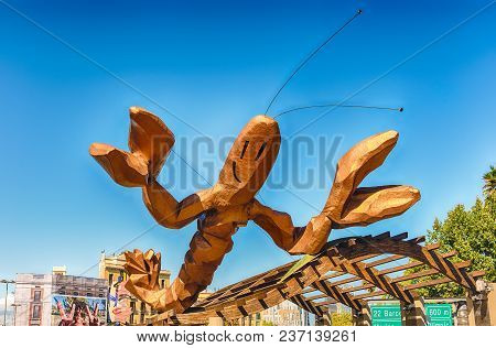 Barcelona - August 10: Gambrinus - The Funky Lobster Statue By The Artist Javier Mariscal On Passeig
