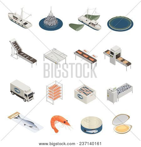 Fish Industry Seafood Production Isometric Icons With Pieces Of Industrial Equipment Vessels And Rea