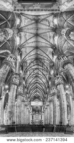 Panoramic View Inside The Gothic Cathedral Of Milan, Italy