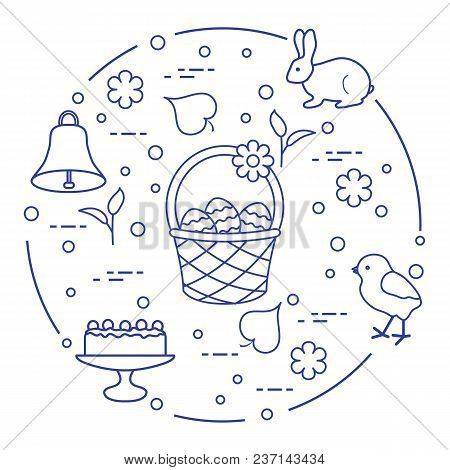 Easter Symbols. Simnel Cake, Basket, Eggs, Bell, Rabbit, Chick, Flowers, Sprouts, Leaves.
