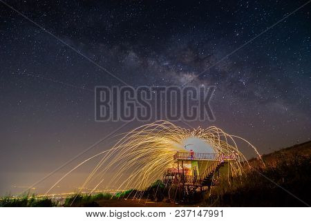 Night Landscape Mountain And Wield The Fire , Milkyway Galaxy Background , Long Exposure ,low Light