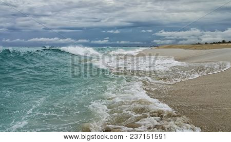 Coastline Of The Atlantic Ocean During Inclement Weather, Waves, Shore, Sandy Beach, Overlooking Bui