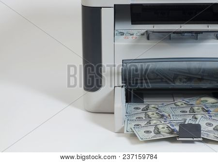 Printer Printing Fake Dollar Bills On White