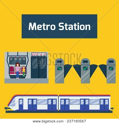 Metro Station Vector Illustration. Transportation Modern Railroad Trip Transit Tunnel Vehicle Servic