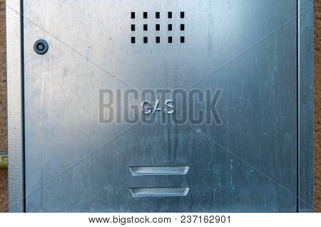 Metal Gas Box On Residentual Building Close Up Shot On Early Morning.