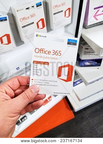Montreal, Canada - March 10, 2018: Microsoft Office 365 Subscribtion Card In A Hand. Office 365 Is T