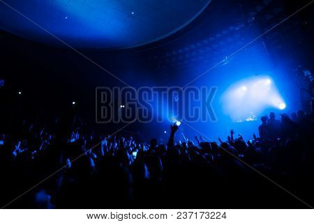 Raised Hands On The Party. Cheering Crowd On The Concert.