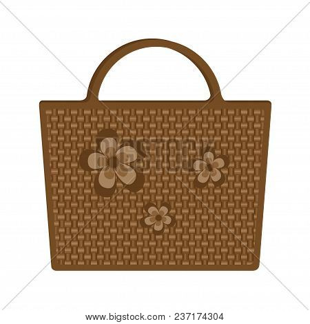 Vector Illustration Of Bag Beach Wicker, Decorated Flowers Isolated On White Background. For Fashion