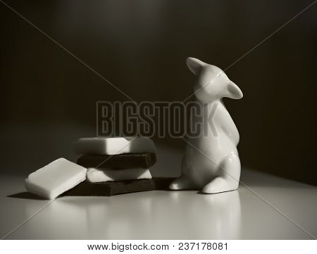White Lamb Statuette Black And White Chocolate, Sepia Toned