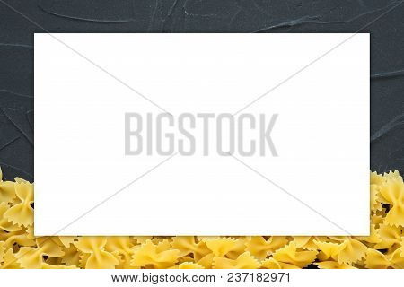 Farfalle Raw Farfallini Beautiful Decomposed Pasta With A Bottom On A Black Textured Background. Clo