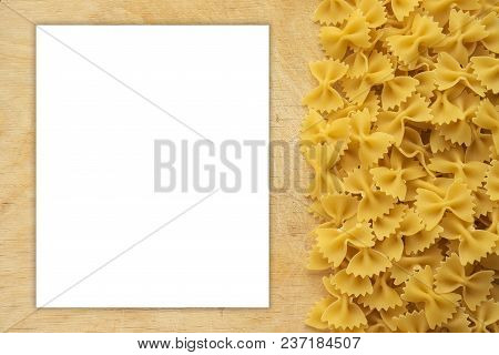 Farfalle Raw Farfallini Beautiful Laid Out Pasta With The Right, Side View On A Wooden Table Top Wit